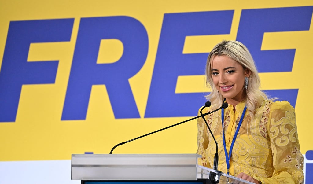 Ashley St. Clair delivers a speech during a European Parliament leaders of Identity and Democracy group convention on December 3, 2023. Photo: AFP Ashley St. Clair delivers a speech during a European Parliament leaders of Identity and Democracy group convention on December 3, 2023. Photo: AFP