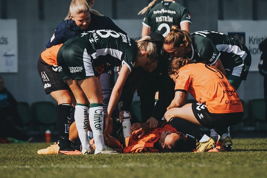 A crowd of players in a women's soccer match gather around a fallen player. 