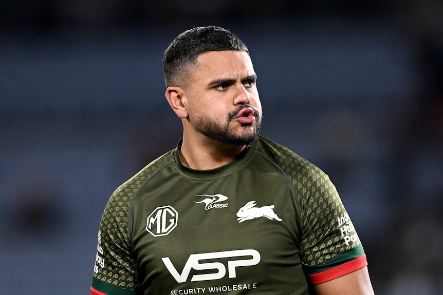 Latrell Mitchell of the Rabbitohs during the warm up