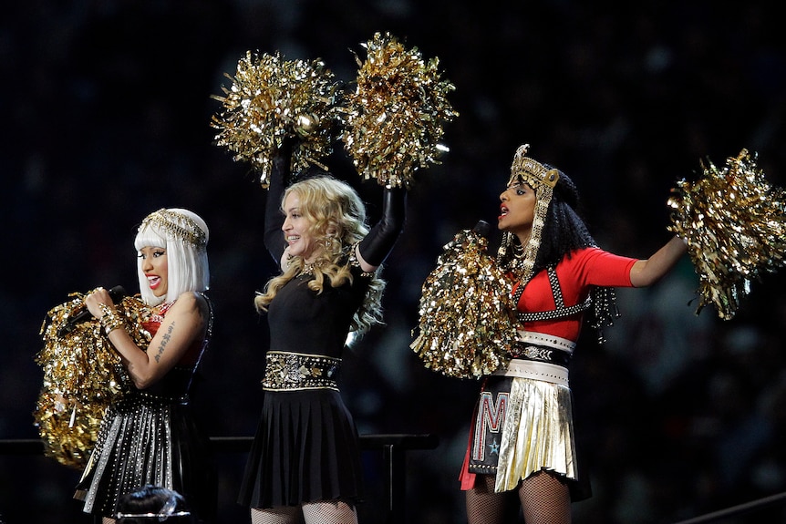 Nicki Mina, Madonna and M.I.A performing at NFL Super Bowl XLVI
