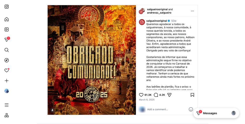 An instagram post shows a harsh message made by one of Rio de Janeiro's premiere samba schools.