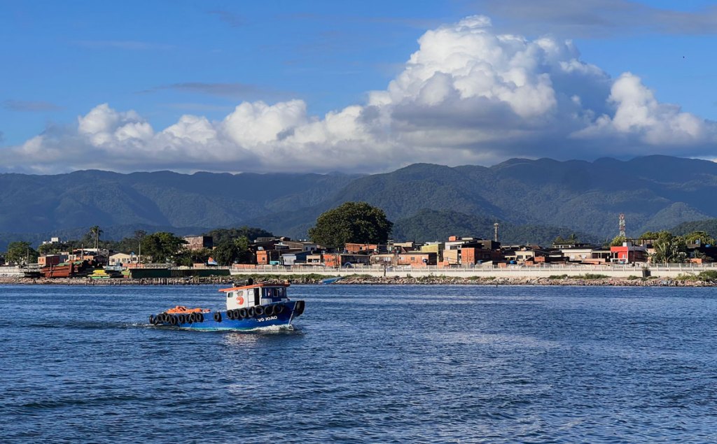 A tug boat passes by a series of houses near a shipping terminal in the Port of Santos