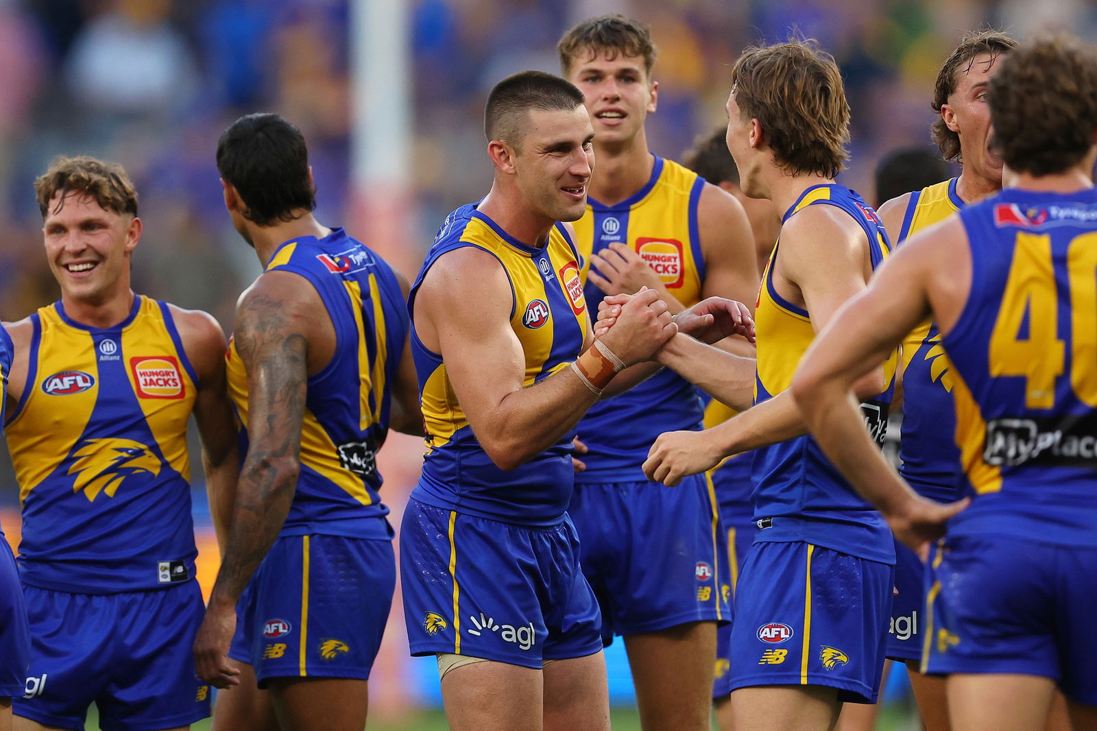 Elliot Yeo of the Eagles celebrates winning the round two AFL match between West Coast Eagles and North Melbourne Kangaroos at Perth Stadium on March 22, 2026, in Perth, Australia.