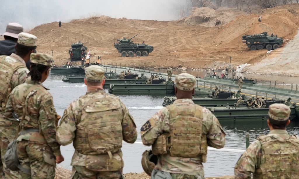 US Army’s armoured vehicles move during a joint river-crossing exercise between South Korea and the United States as part of Freedom Shield in Yeoncheon on Saturday. Photo: AP