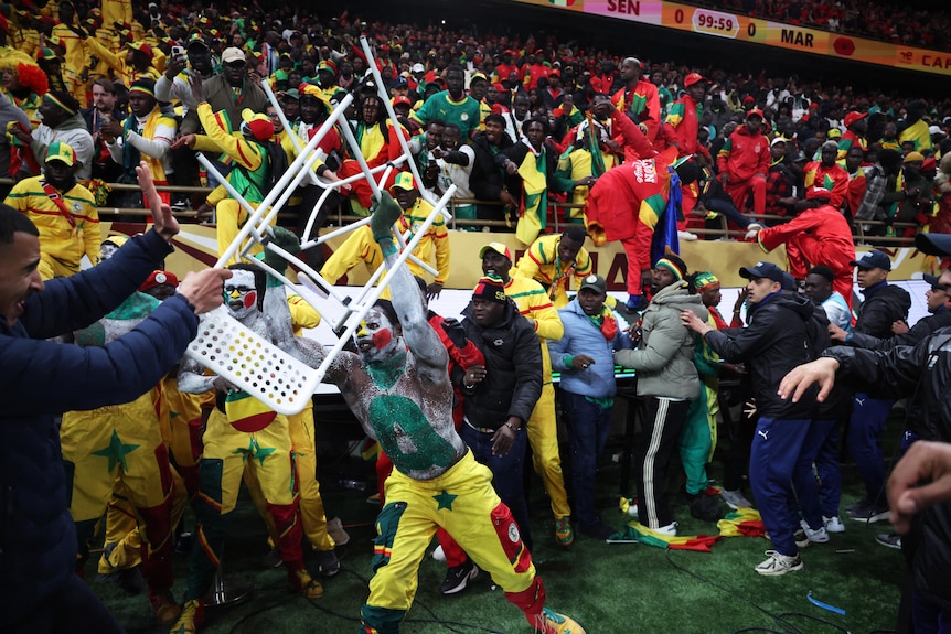 A Senegalese fan in full body paint throws a chair towards a security guard