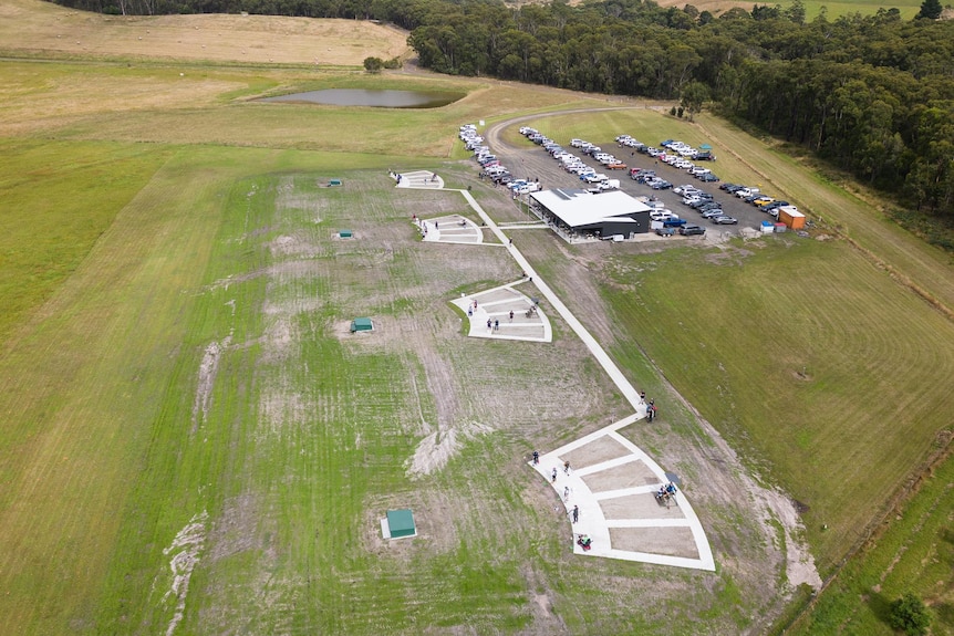 An aerial photo of a gun club including shooting range and clubhouse.
