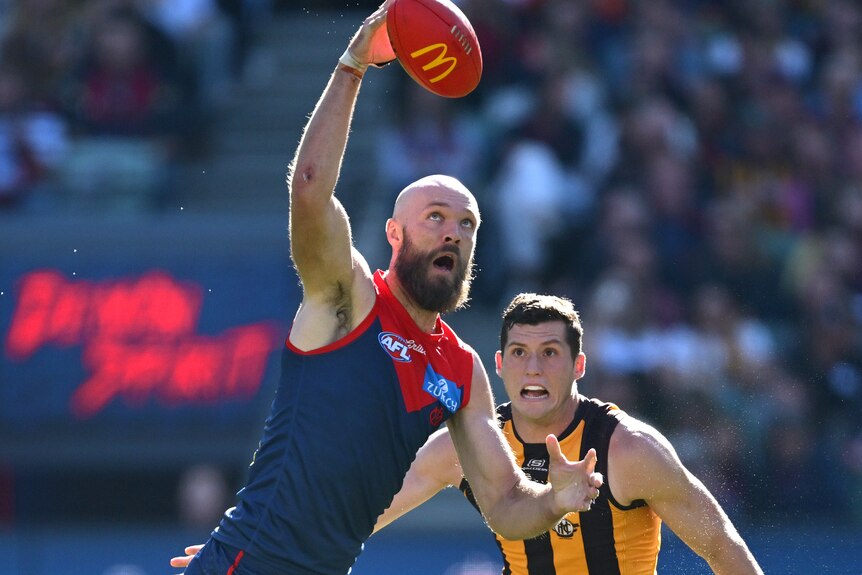 Max Gawn and Lloyd Meek compete for the bal