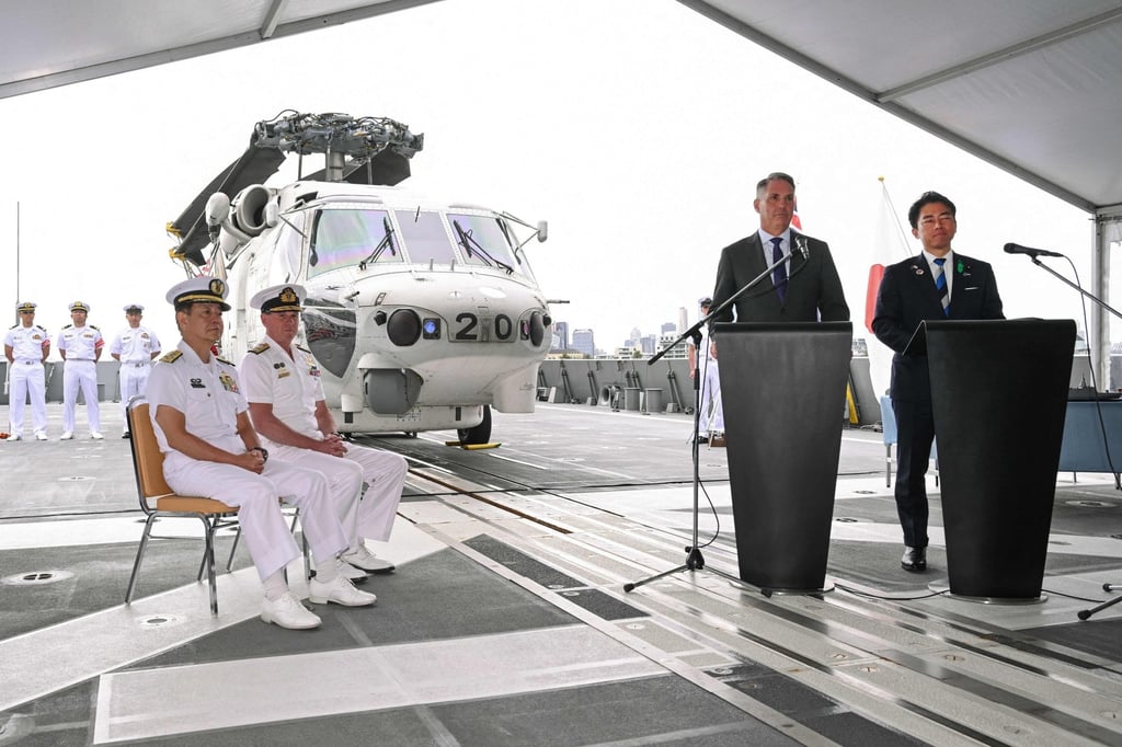 Australia’s Deputy Prime Minister and Minister for Defence Richard Marles (left podium) and Japan’s Minister of Defence Koizumi Shinjiro (right podium) at a press conference in Melbourne on April 18, 2026. Photo: AFP
