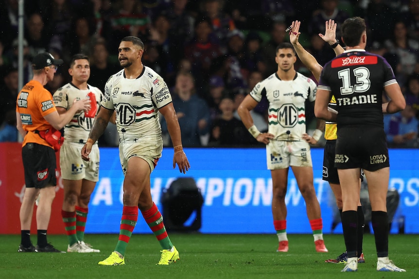 A man is sin-binned during a rugby league match