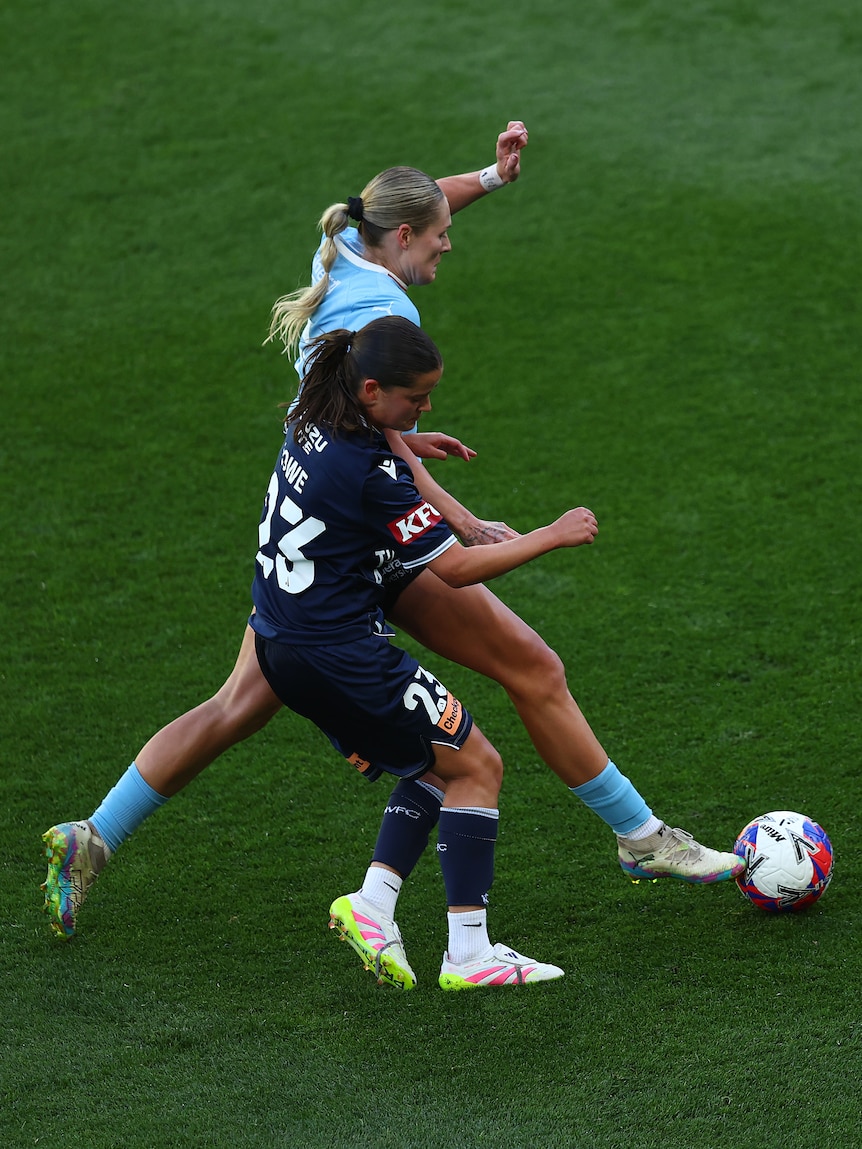 Two soccer players compete for the ball.
