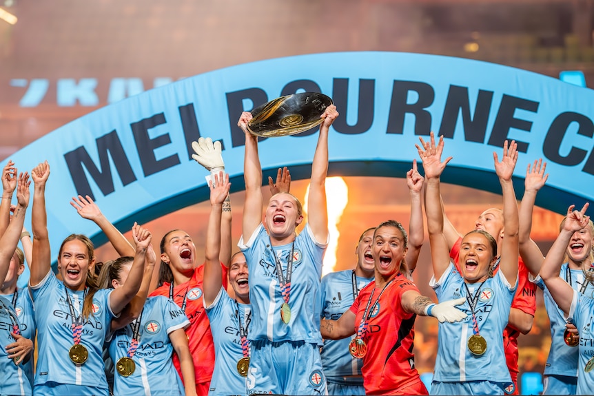 Soccer players in blue kits celebrate winning.