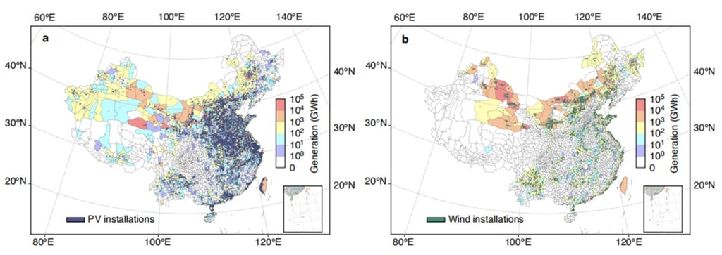 AI statistics show the distribution of photovoltaic facilities (left) and wind turbines (right) across China. Photo: Handout