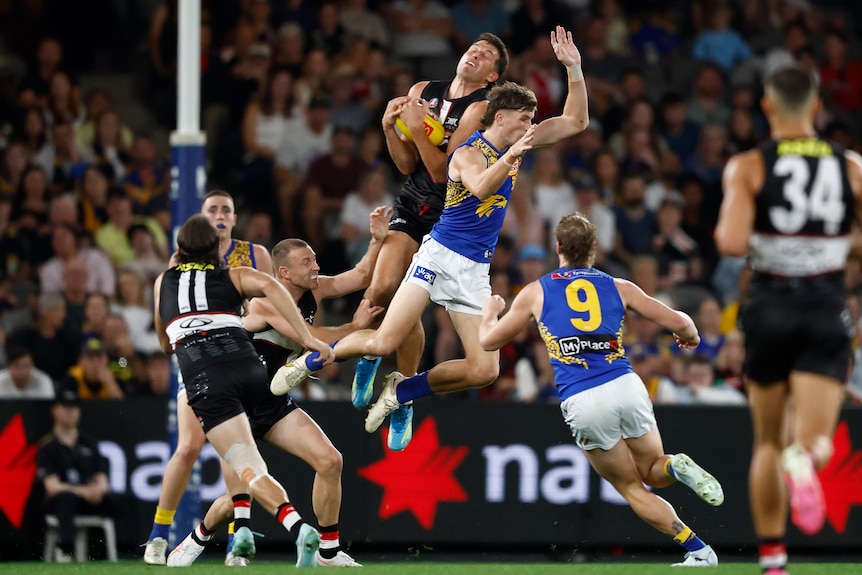 Rowan Marshall marks the ball over Jobe Shanahan