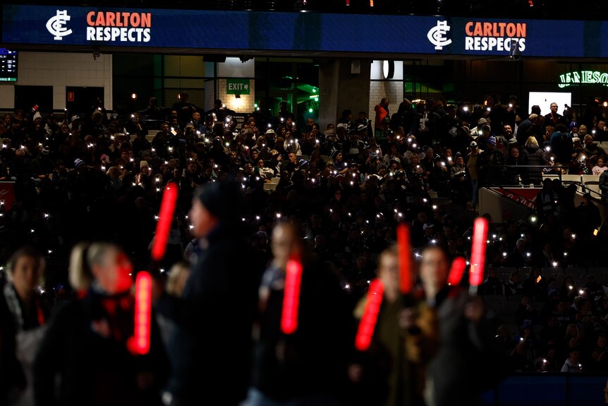 The Carlton Respects activation is seen during the 2024 AFL Round 15 match between the Carlton Blues and the Geelong Cats.