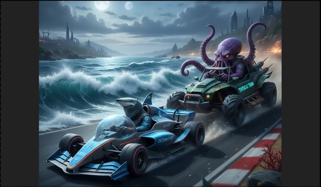 Sammy the Shark and Karl the Kraken driving race cars
