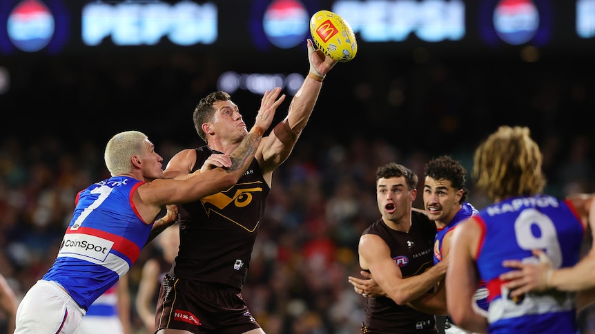 A Hawthorn AFL ruckman reaches up to tap the ball as a Bulldogs opponent tries to knock it away..