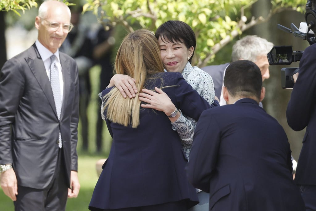 Italian Prime Minister Giorgia Meloni (front) greets her Japanese counterpart Sanae Takaichi before their meeting in Rome on Monday. Photo: Kyodo Italian Prime Minister Giorgia Meloni (front) greets her Japanese counterpart Sanae Takaichi before their meeting in Rome on Monday. Photo: Kyodo