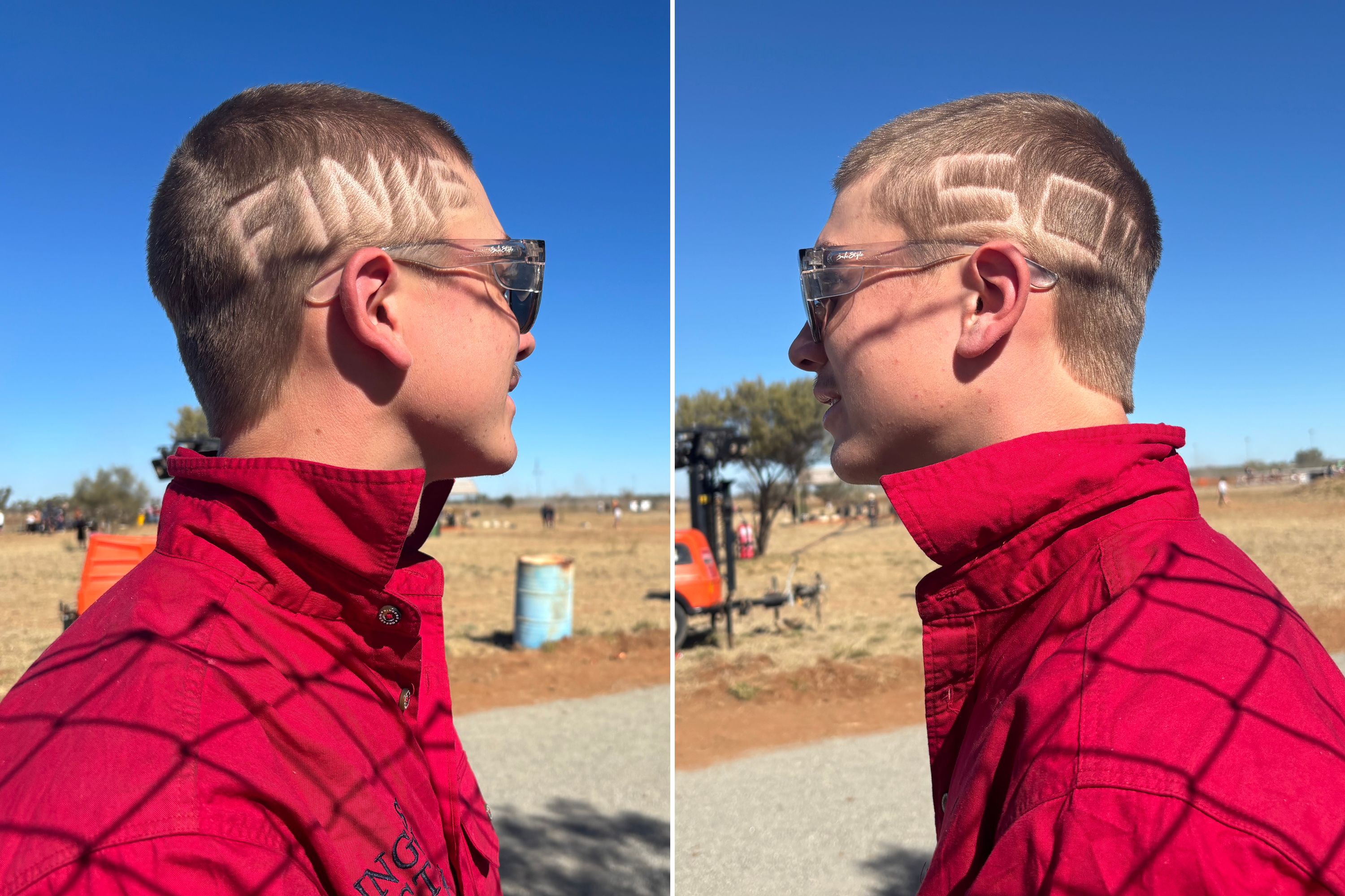 Photos show either side of a spectator's head, with the words FINKE 50TH shaved into his short hair.