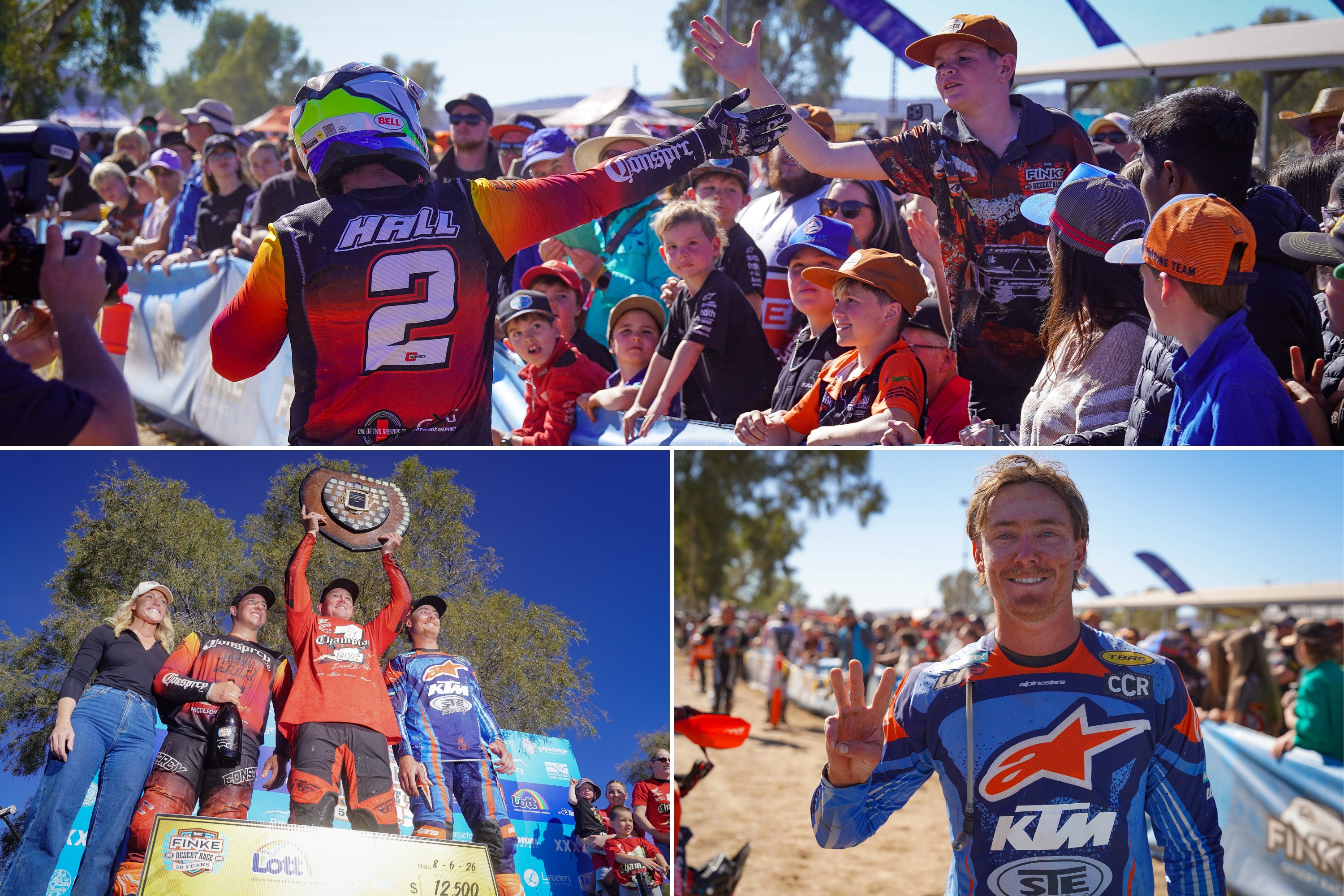A collage shows motorbike riders celebrating their race results, holding up a trophy and high-fiving spectators.