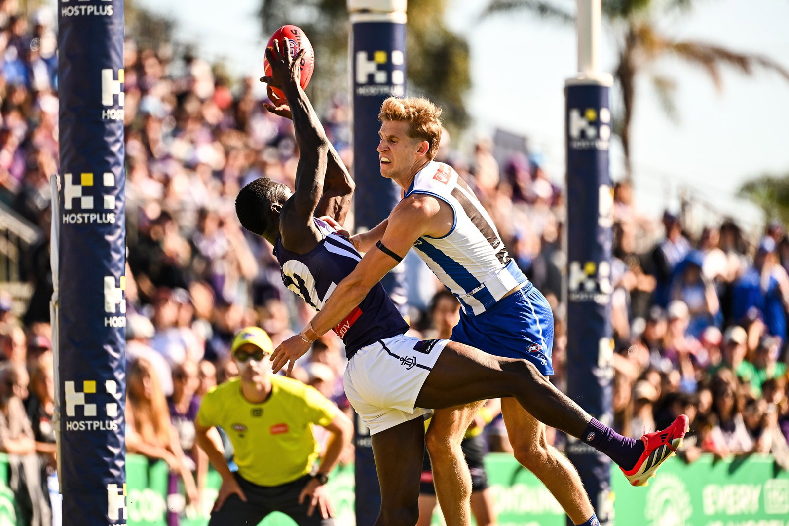 Michael Frederick of the Dockers marks the ball under pressure from Dylan Stephens of the Kangaroos during the 2026 AFL Round 13 match between the North Melbourne Kangaroos and the Fremantle Dockers at Hands Oval on June 6, 2026 in Bunbury, Australia.