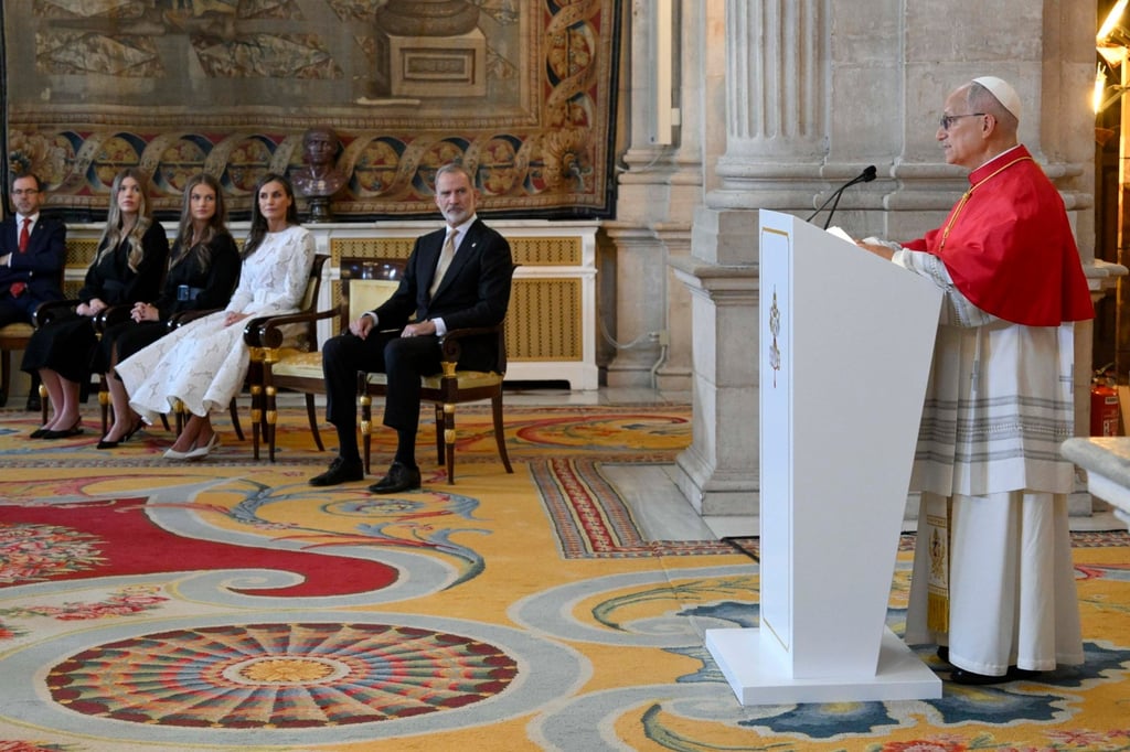 Pope Leo delivers a speech watched by Spain’s Felipe VI in the Royal Palace in Madrid on Saturday. Photo: EPA/Vatican Media