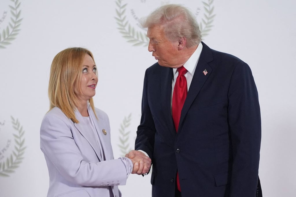 US President Donald Trump greets Italy’s Prime Minister Giorgia Meloni during a summit on Gaza in Sharm el-Sheikh in October 2025. Photo: AFP
