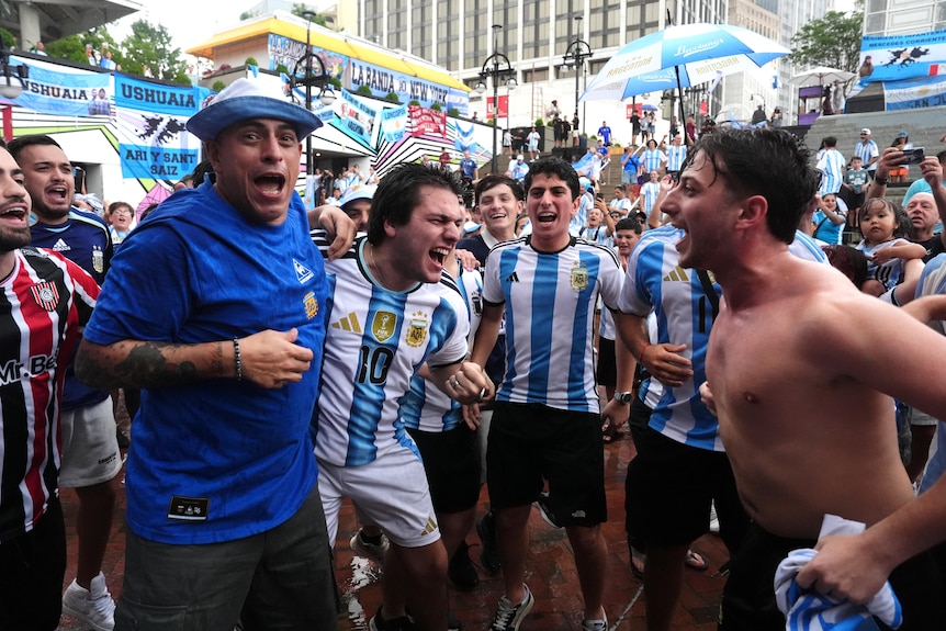 A group of male Argentina fans jump and celebrate