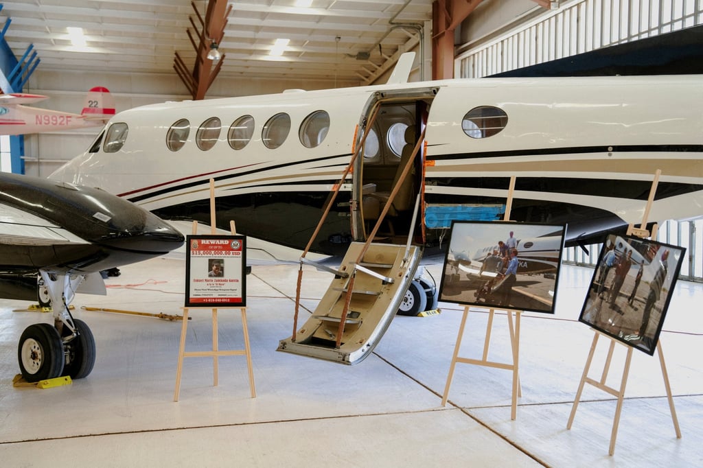 An aircraft, used in July 2024 to transport cartel leaders Ismael “El Mayo” Zambada and Joaquin Guzman Lopez, the son of notorious narco leader “El Chapo” Guzman, is displayed with photos from the operation that led to their capture at the War Eagles Air Museum in New Mexico, on July 9. Photo: Reuters An aircraft, used in July 2024 to transport cartel leaders Ismael “El Mayo” Zambada and Joaquin Guzman Lopez, the son of notorious narco leader “El Chapo” Guzman, is displayed with photos from the operation that led to their capture at the War Eagles Air Museum in New Mexico, on July 9. Photo: Reuters