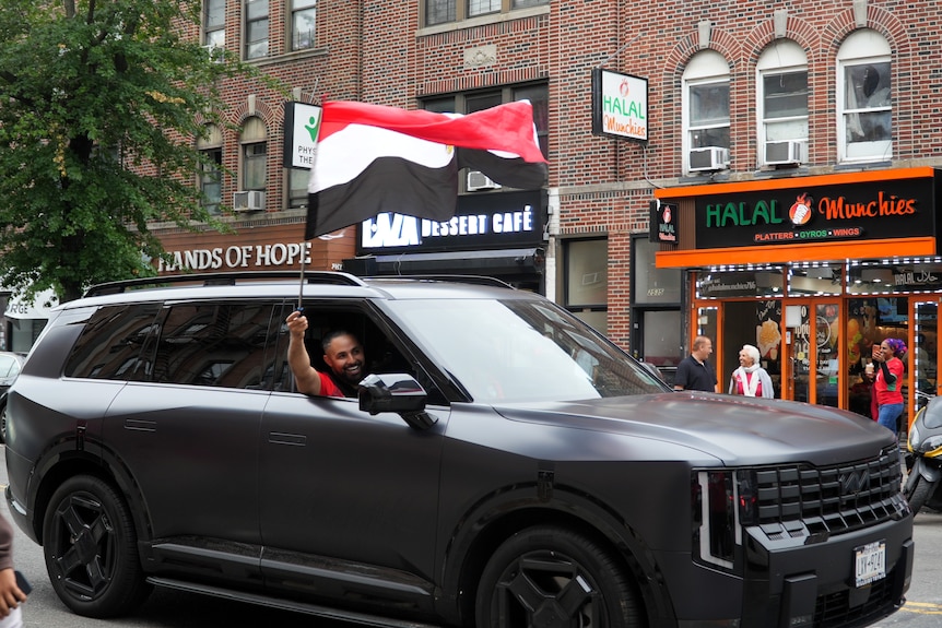A man in a car waves an Egypt flag out the window