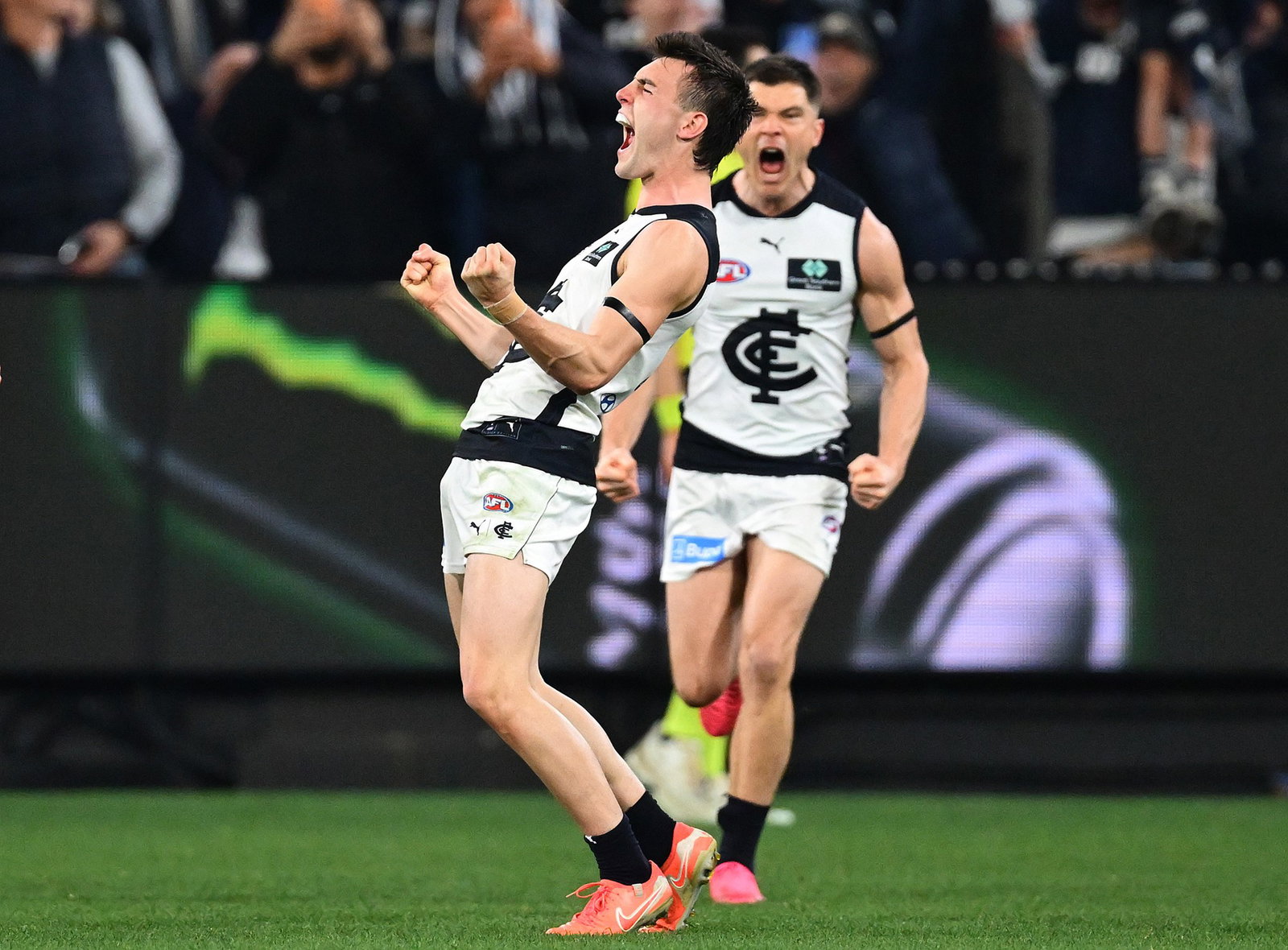 Jagga Smith of the Blues celebrates kicking a goal during the AFL Wildcard Final match between Melbourne Demons and Carlton Blues and Carlton Blues at Melbourne Cricket Ground, on August 29, 2026, in Melbourne, Australia.