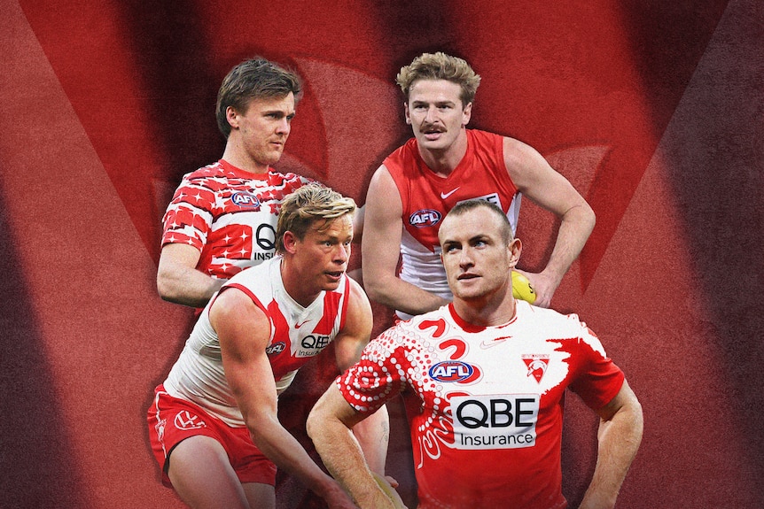 Composite image of Sydney Swans player Chad Warner, Isaac Heeney, James Jordon and Riley Bice.