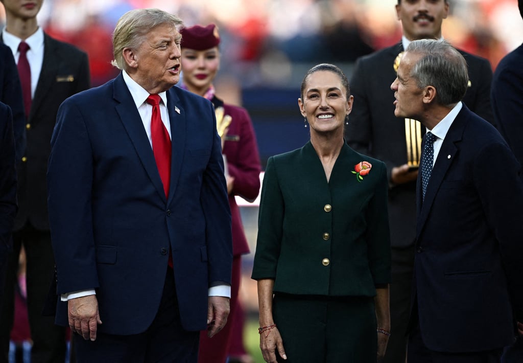 (From left) US President Donald Trump, Mexican President Claudia Sheinbaum and Canadian Prime Minister Mark Carney attend the trophy presentation after World Cup final in New Jersey in July. Photo: Reuters