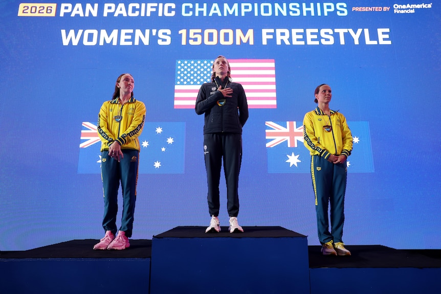 Lani Pallister, Katie Ledecky and Moesha Johnson on the podium