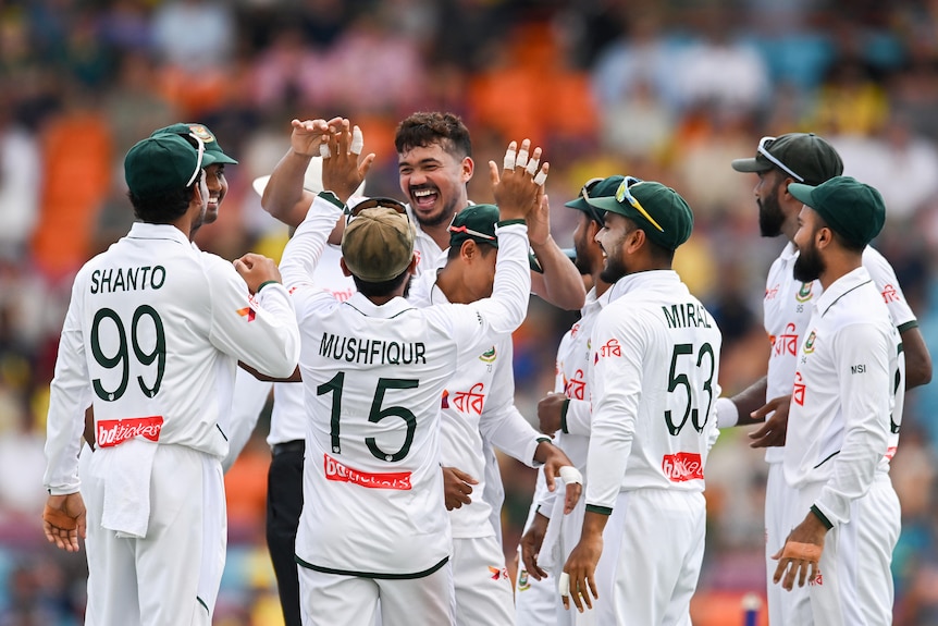 A group of cricketers in white smile and celebrate a wicket