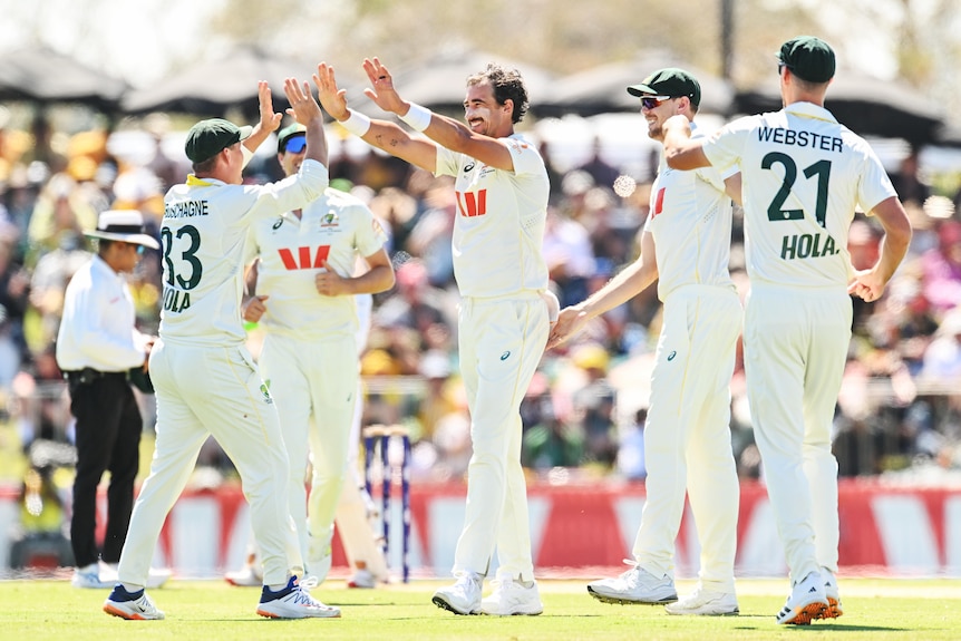 A group of cricketers in white high-five and celebrate a wicket