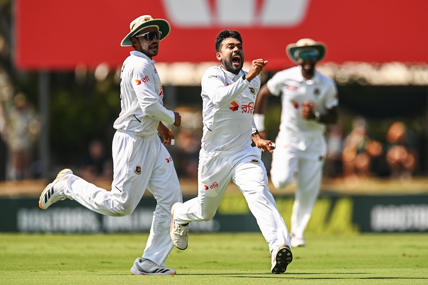 Three cricket players celebrate a wicket wildly
