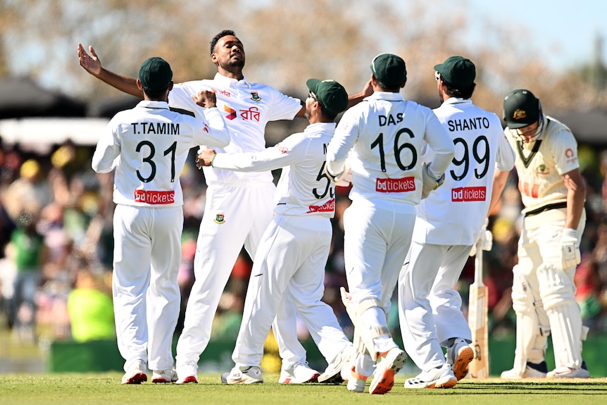 A cricketer is surrounded by teammates and holds his arms out after taking wicket