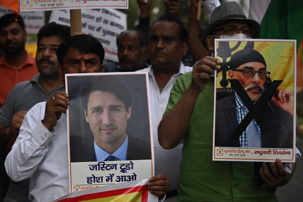 Members of the United Hindu Front organisation hold banners depicting Justin Trudeau, Canada’s then-prime minister (left) and Gurpatwant Singh Pannun during a rally in New Delhi, India in September 2023. Photo: AFP Members of the United Hindu Front organisation hold banners depicting Justin Trudeau, Canada’s then-prime minister (left) and Gurpatwant Singh Pannun during a rally in New Delhi, India in September 2023. Photo: AFP