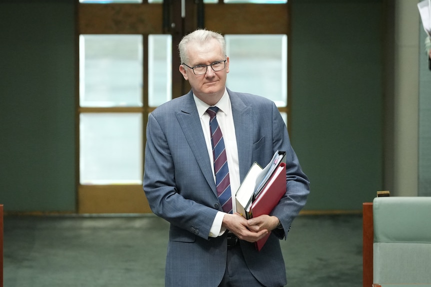 Home Affairs Minister Tony Burke walking into the House of Representatives, carrying an armful of folders and books.