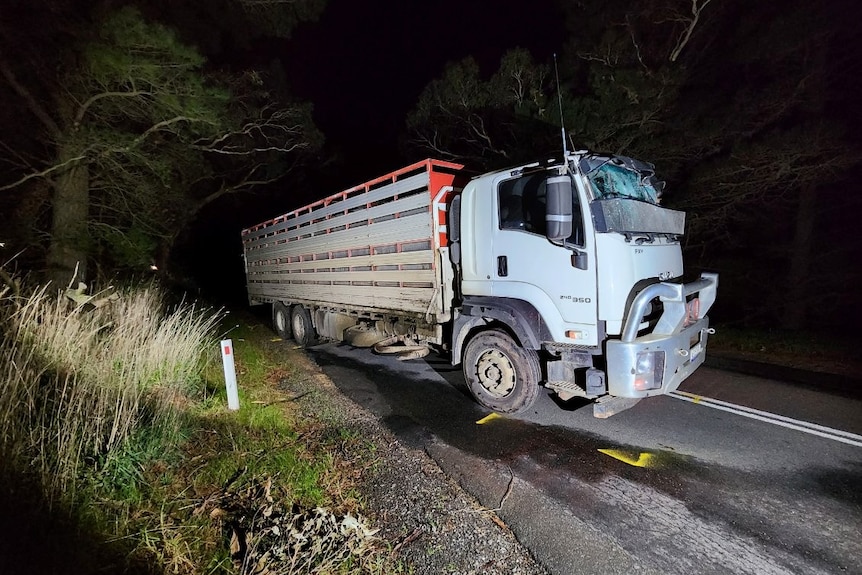 A truck with a smashed front window on a regional road at night.