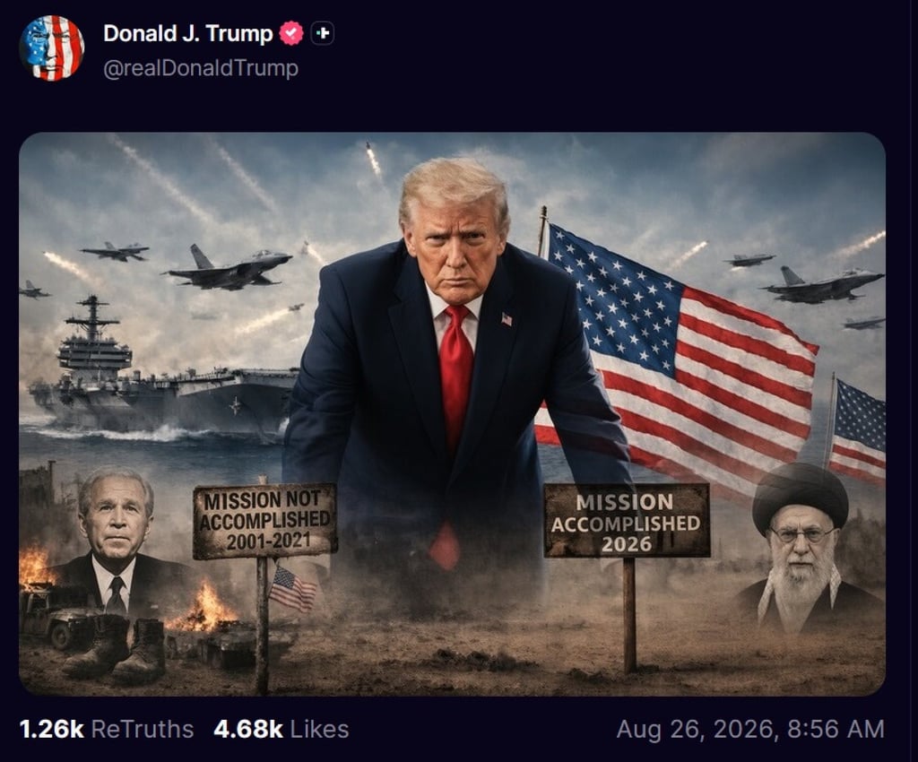US President Trump posted an image on his social media platform on Wednesday, declaring “Mission Accomplished 2026”. Image: Truth Social/realDonaldTrump US President Trump posted an image on his social media platform on Wednesday, declaring “Mission Accomplished 2026”. Image: Truth Social/realDonaldTrump