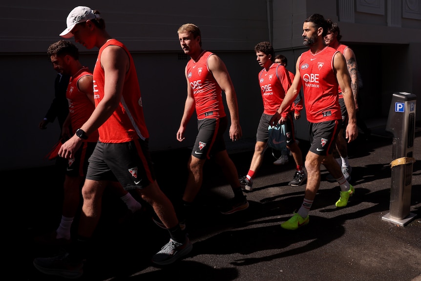 Max King and Brodie Grundy are seen before a Sydney Swans AFL training session on August 19, 2026 in Sydney, Australia.