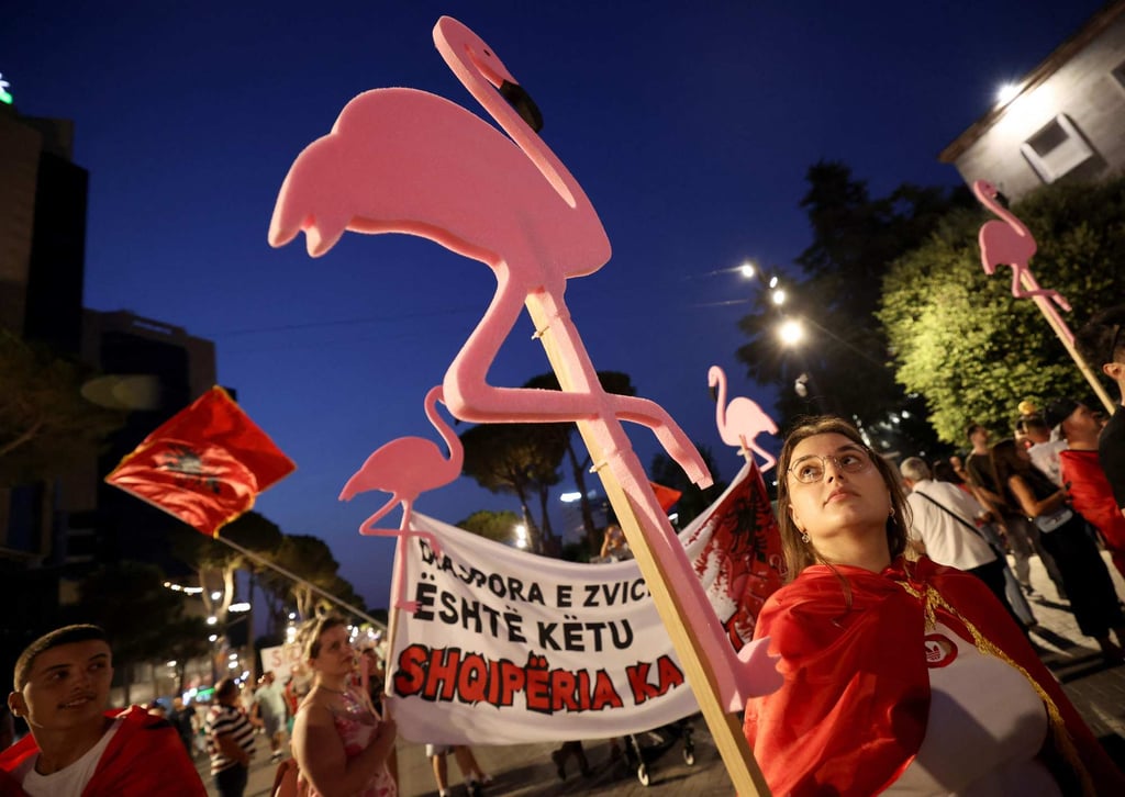 Protesters hold flamingo-shaped placards as they demonstrate in front of the Albanian Prime Minister’s Office in Tirana in August. Photo: AFP