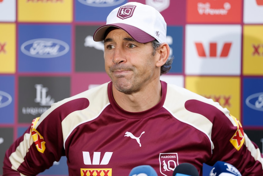 Billy Slater speaks to reporters at a Maroons State of Origin training session in 2026.
