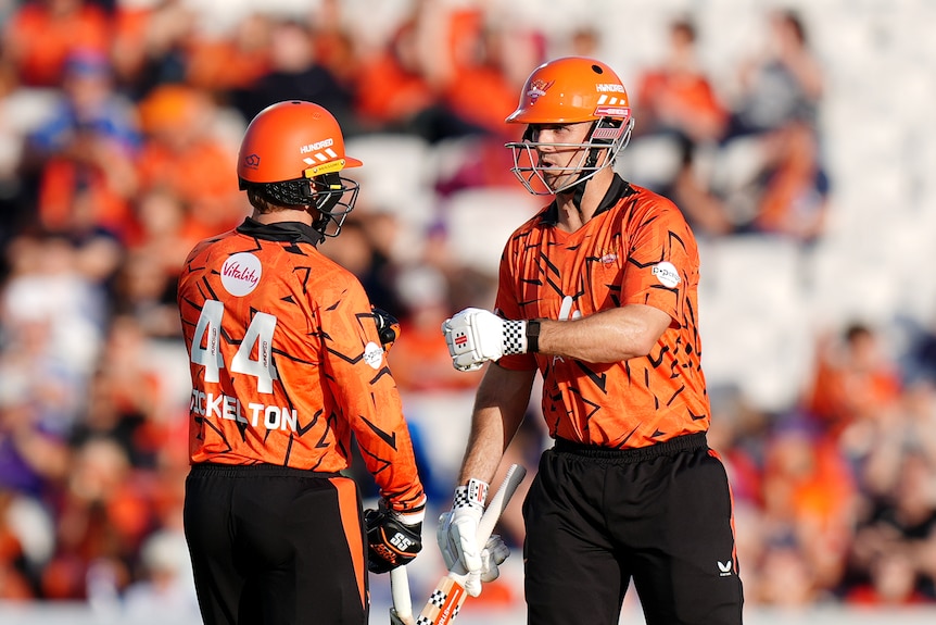 Mitch Marsh and Ryan Rickelton share a fist bump