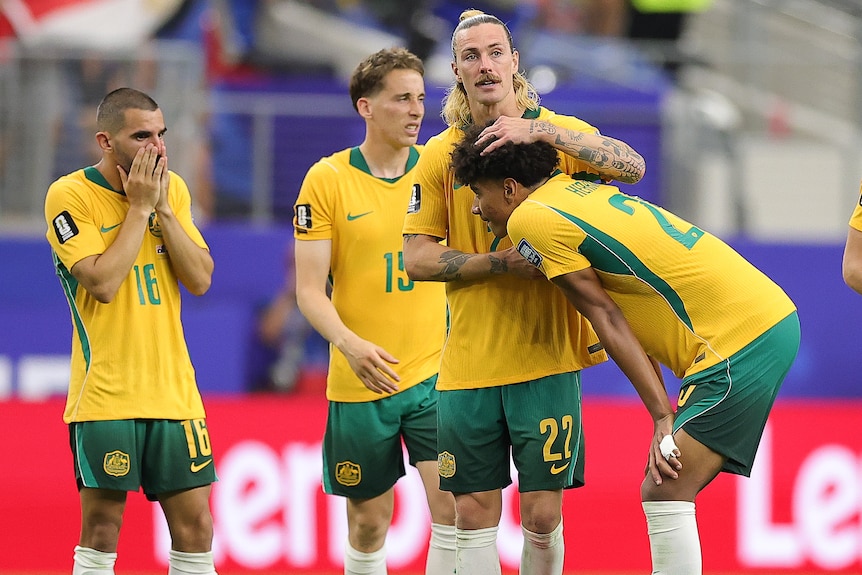 Jackson Irvine consoles Lucas Herrington