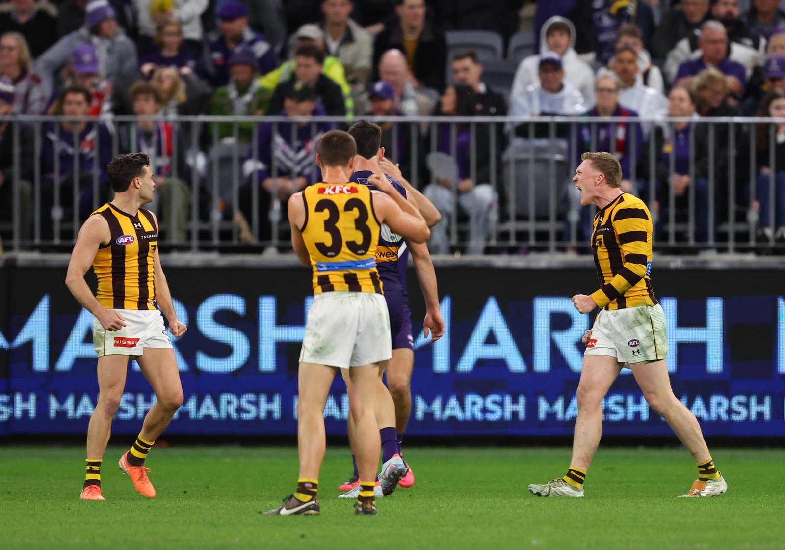 James Sicily of the Hawks celebrates after the Hawks defeated the Dockers during the AFL Qualifying Final match between Fremantle Dockers and Hawthorn Hawks at Perrh Stadium, on September 03, 2026, in Perth, Australia.