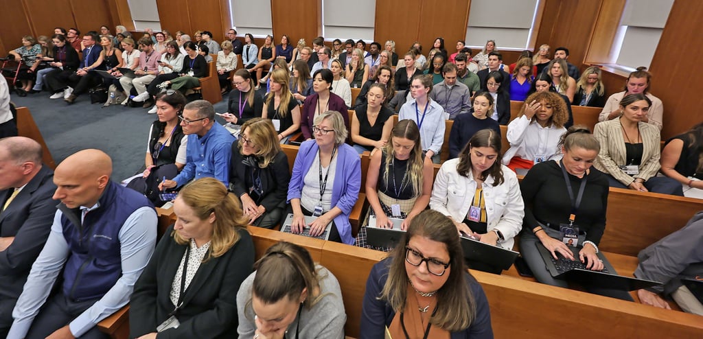 People crowd a courtroom during deliberations in the triple murder trial of Lindsay Clancy in Plymouth, Massachusetts, on Thursday. Photo: Reuters