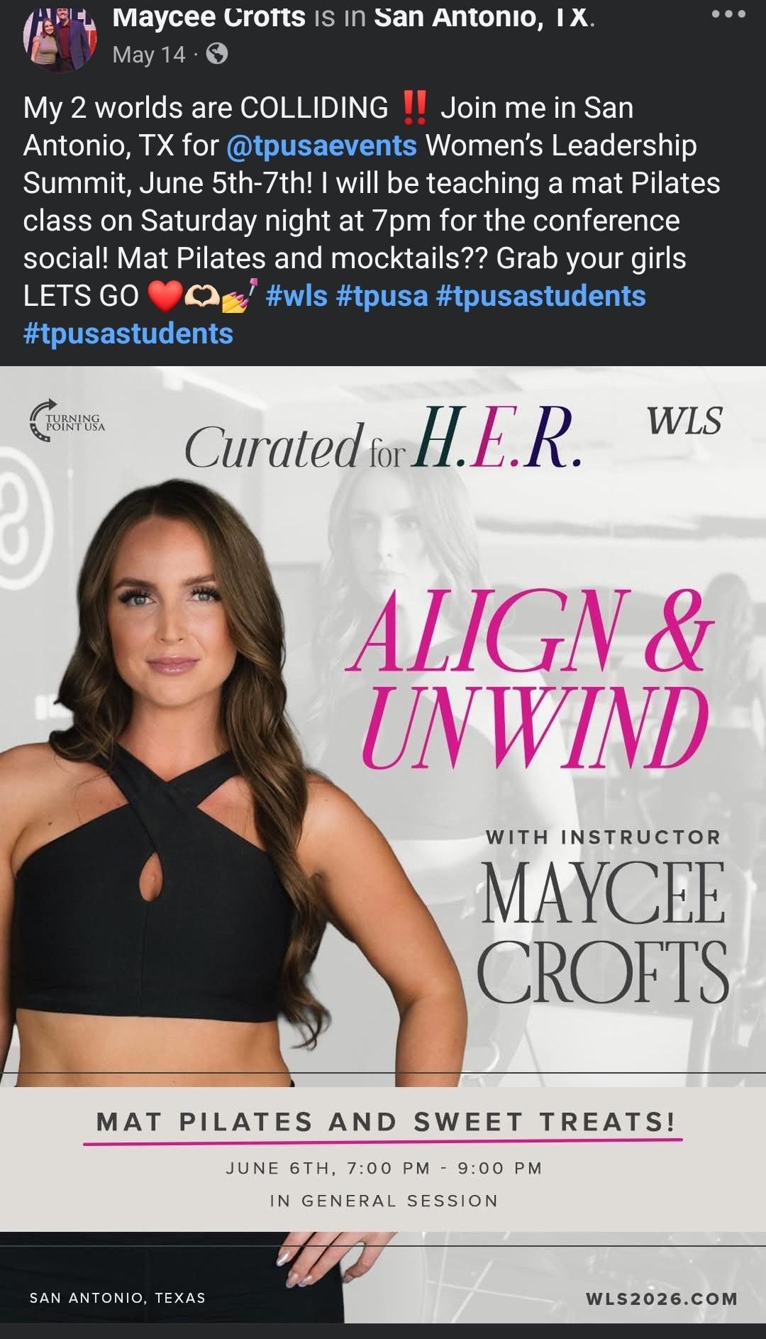 Crofts’ Facebook post says she joined Turning Point USA in 2020 and later taught a Pilates class at the organization’s women’s summit.