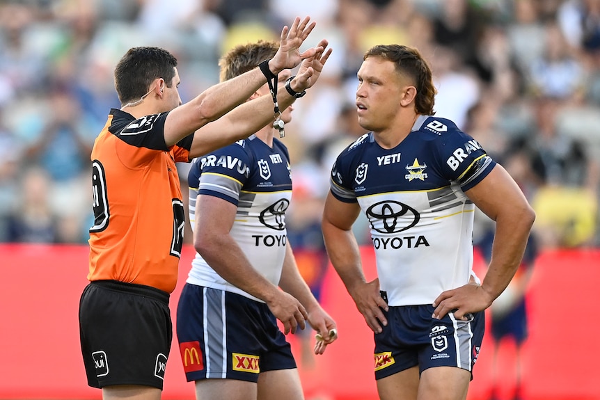 NRL player annoyed as he is sent to the sin bin by the ref